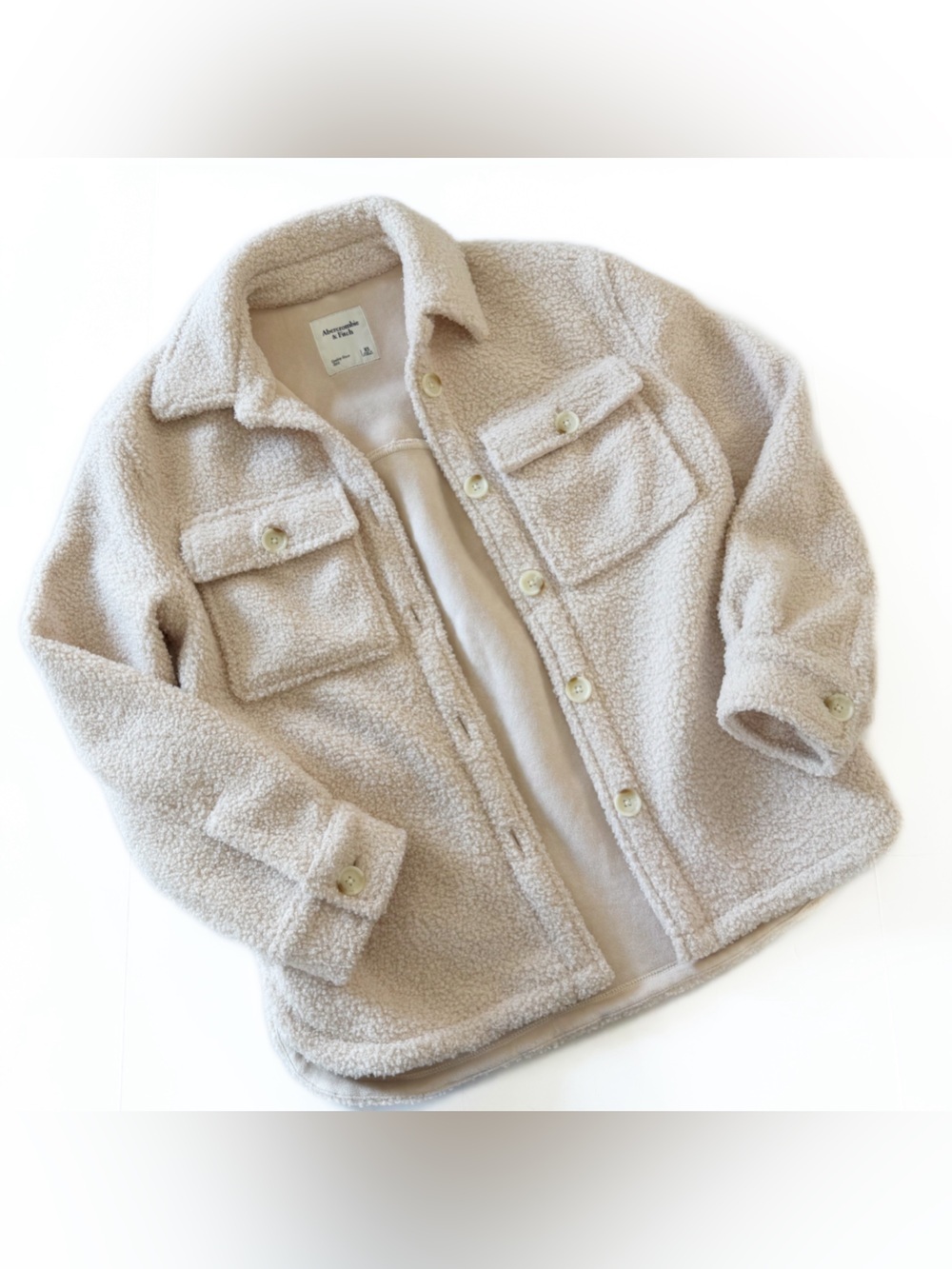Abercrombie & Fitch Shacket Shirt Jacket Womens XS Cream Sherpa Fleece Lined - Picture 2 of 6